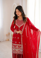 Teeya Creation Red Color Faux Georgette Heavy Embroidery Work Functional Wear Palazzo Set | Grocsy