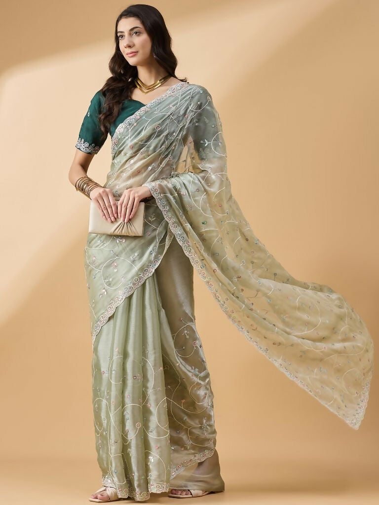 Green Organza Sequence Embroidered Saree with Unstitched Blouse - Satya | Grocsy