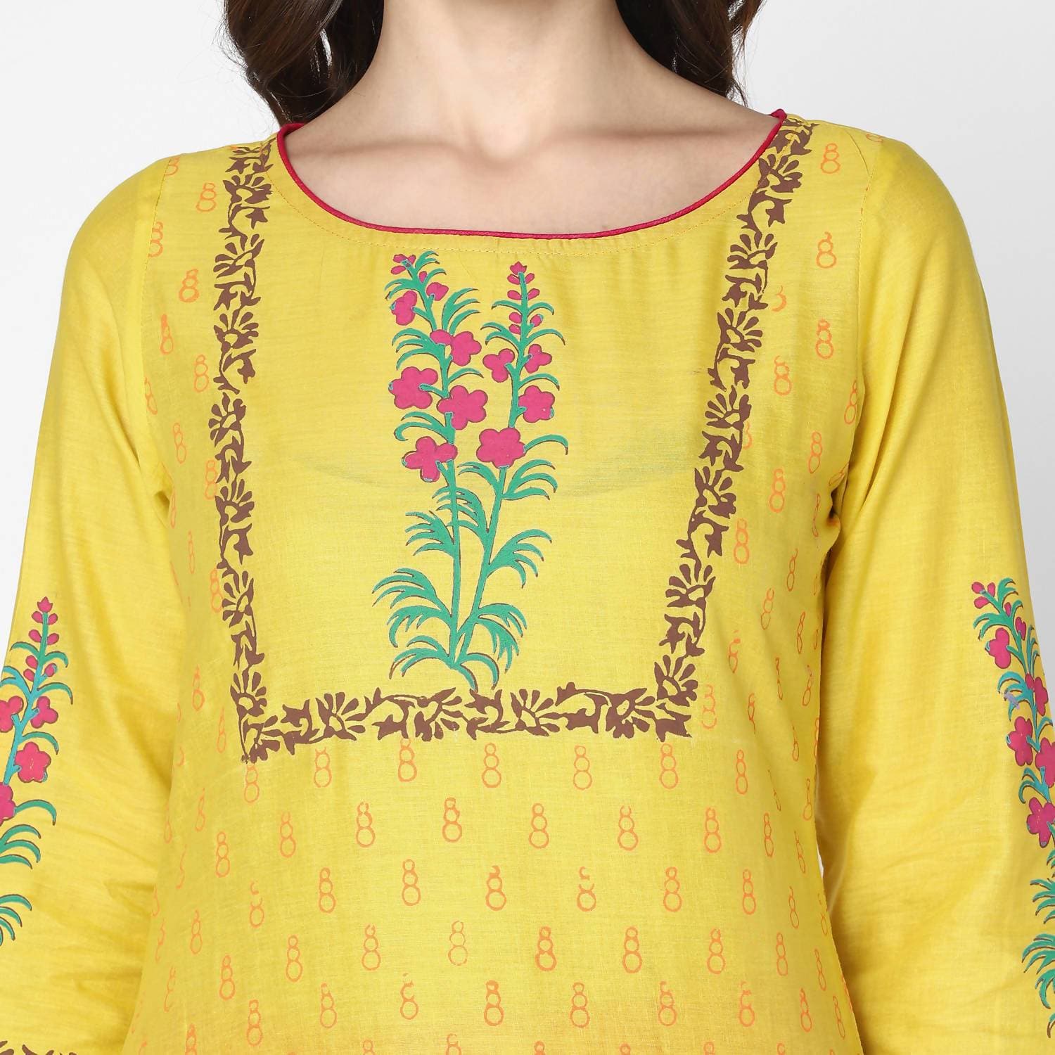 Cheera Hand Block Print Yellow Straight Kurta (MAAI-058K) | Grocsy
