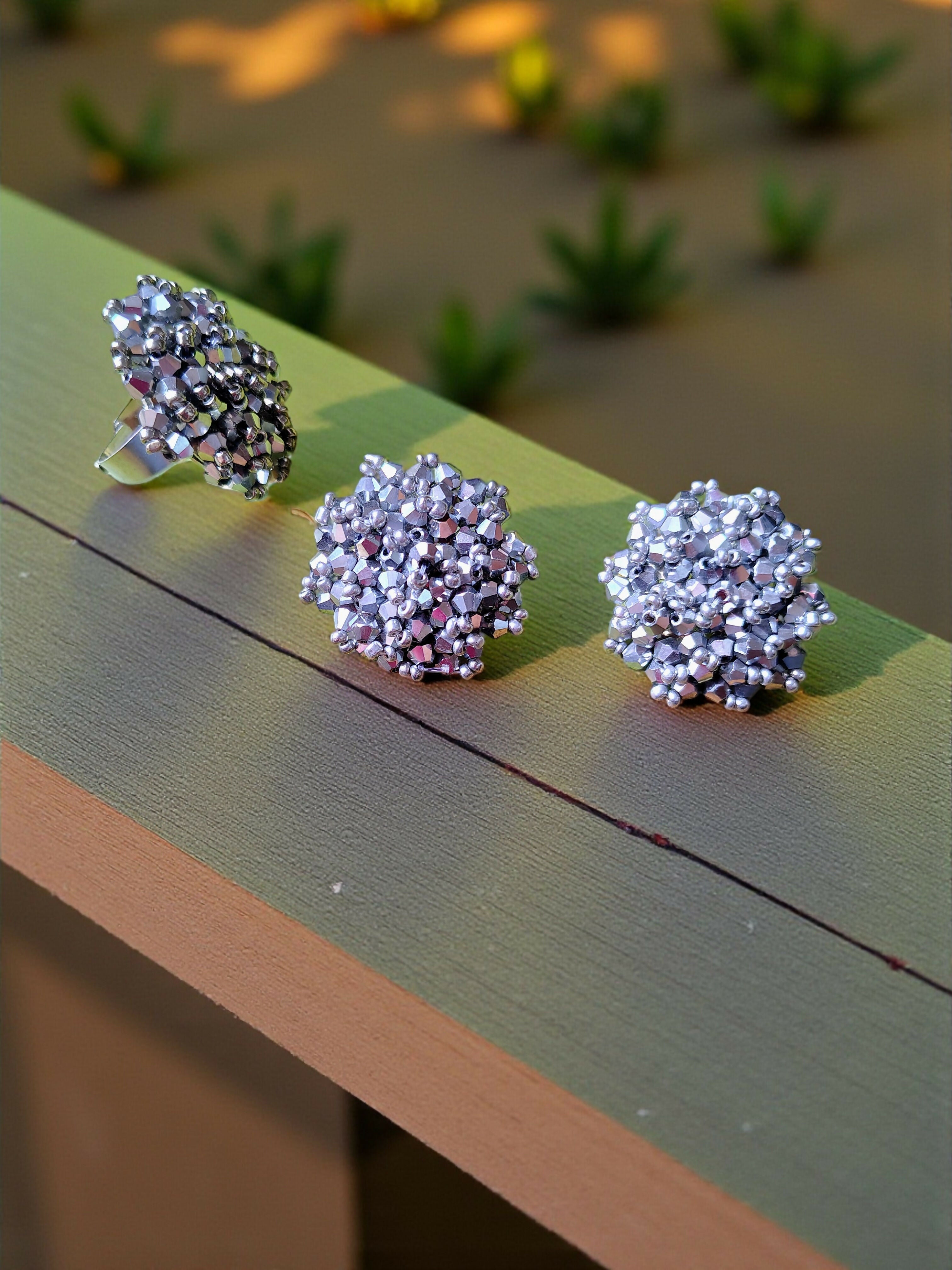 Inhanns Rangmani Crystal Duo – Adjustable Ring + Statement Earrings Set - Silver | Grocsy