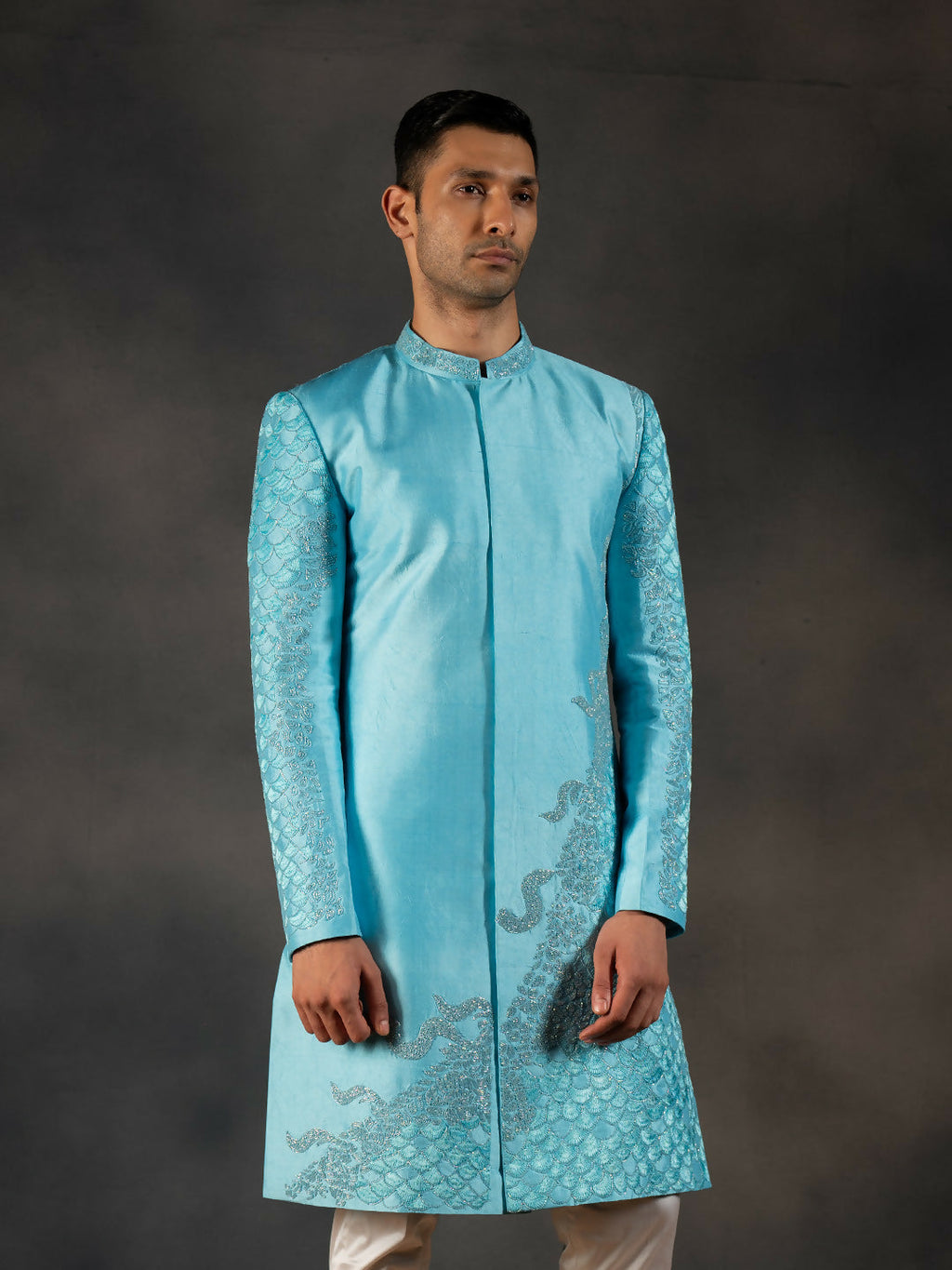 Sky Blue Hand Embroidered Indowestern Sherwani by Hilo Design | Grocsy