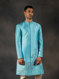 Sky Blue Hand Embroidered Indowestern Sherwani by Hilo Design | Grocsy
