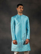 Sky Blue Hand Embroidered Indowestern Sherwani by Hilo Design | Grocsy