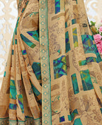 Beige Chiffon Brasso Printed Saree With Unstitched Blouse Piece - Jyoti | Grocsy
