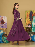 Jyoti Fashion Women's Purple Georgette Embroidered Anarkali Kurta Pant Set With Dupatta | Grocsy