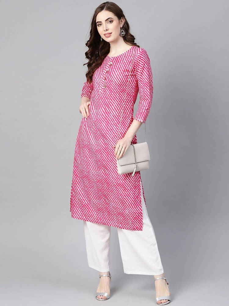 Yufta Women Pink & White Leheriya Print Straight Kurta | Grocsy