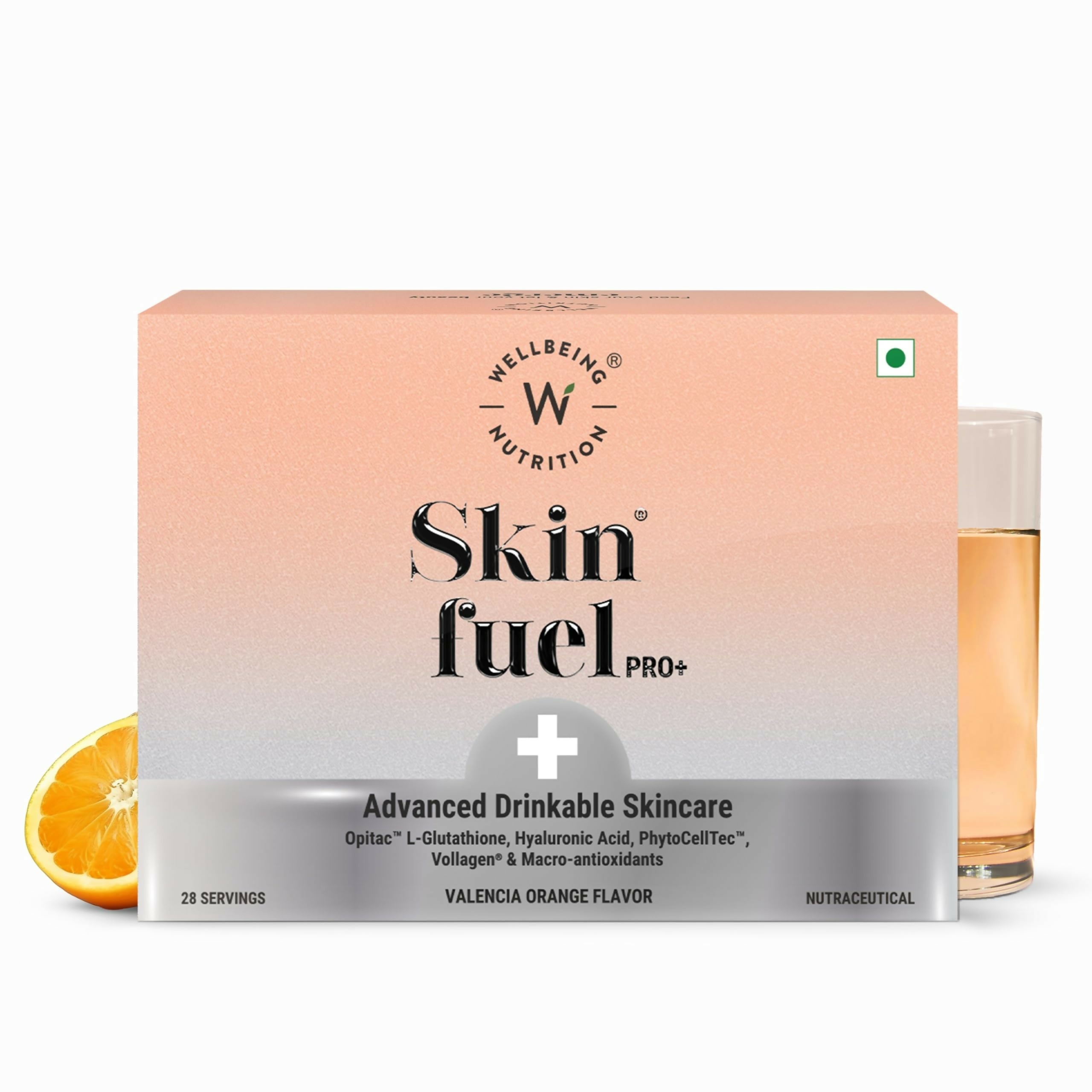 Wellbeing Nutrition Skin Fuel Pro+ - Valencia Orange Flavour, Reduced Pigmentation & Dark Spots, Brightens Skin Tone, Anti-aging | Grocsy