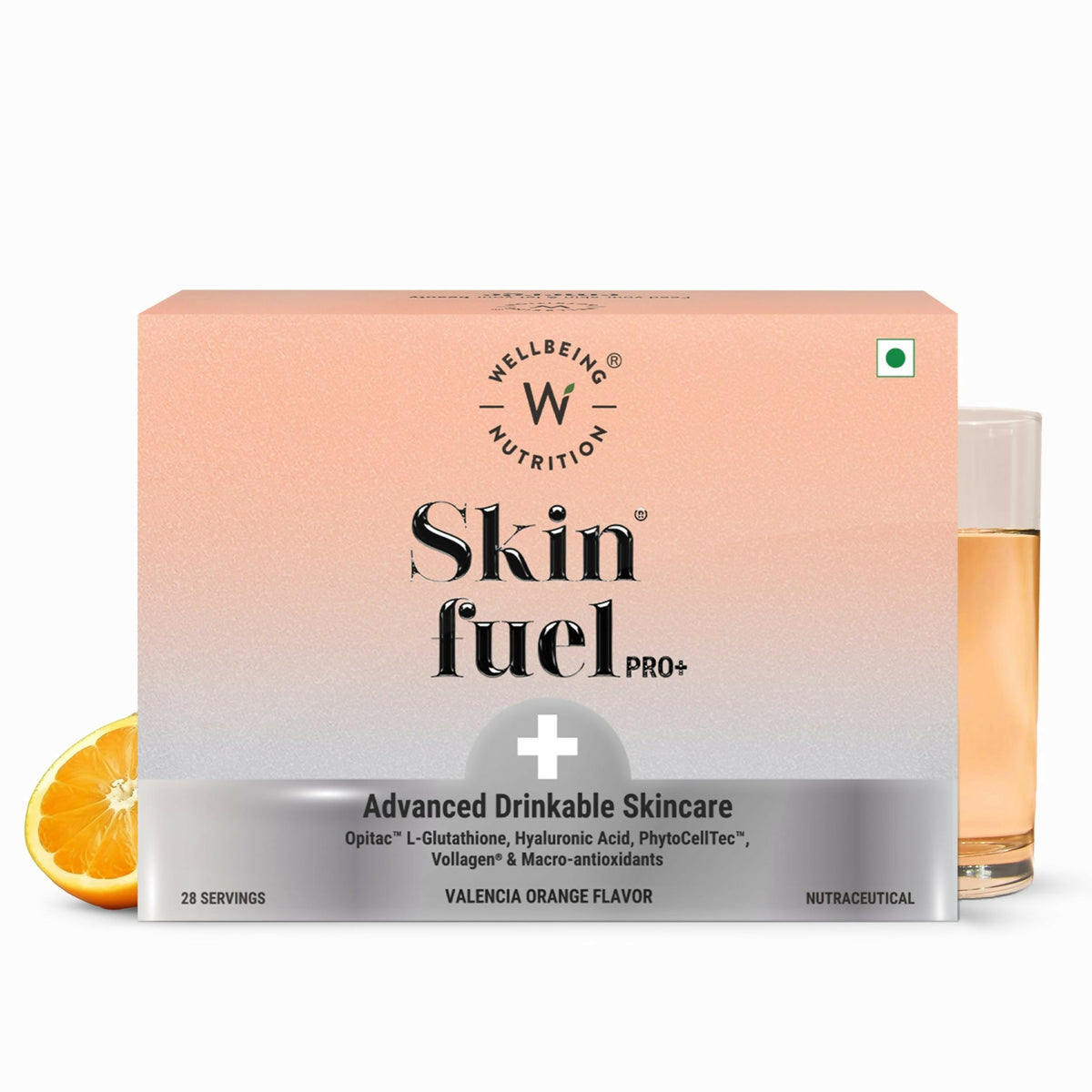 Wellbeing Nutrition Skin Fuel Pro+ - Valencia Orange Flavour, Reduced Pigmentation & Dark Spots, Brightens Skin Tone, Anti-aging - Limited Time Offer | Grocsy