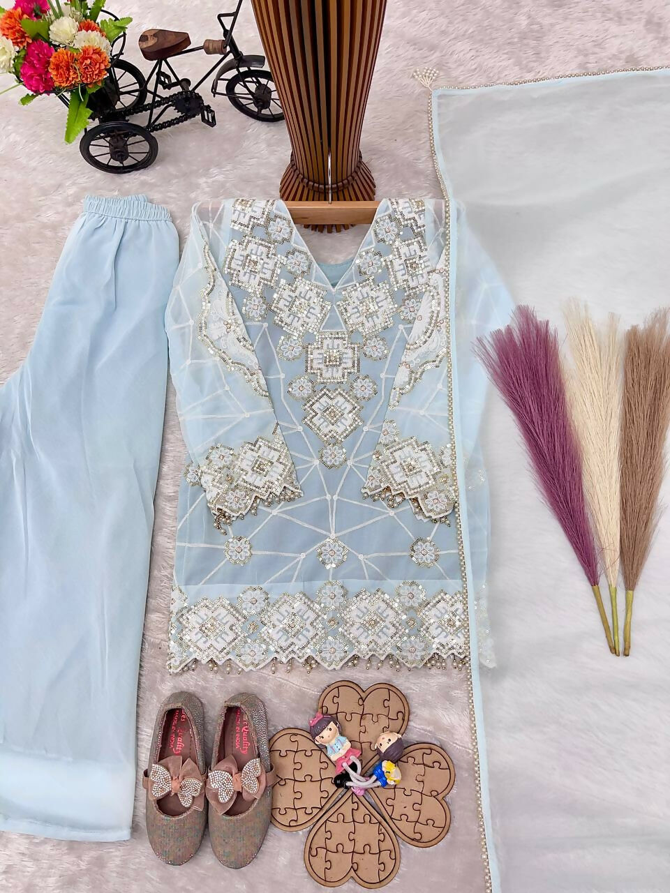 Teeya Creation New Kids Latest Trendy Kurta Palazzo Set-Blue | Grocsy