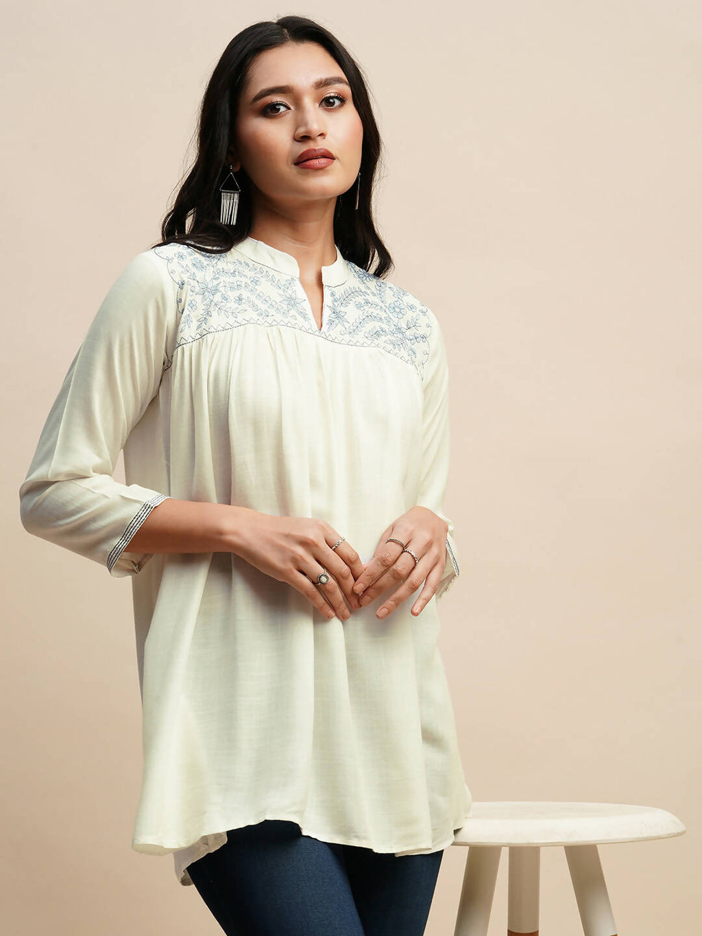 White Rayon Embroidered Top - Tarini | Grocsy
