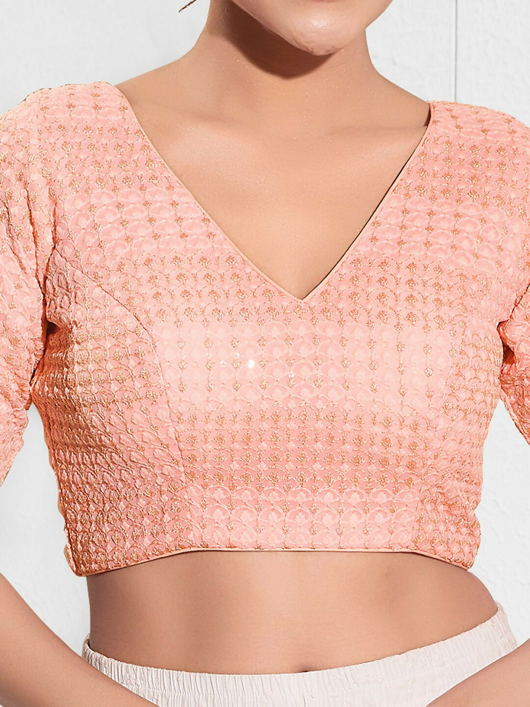 Joban Fashion Peach Crochet Padded Blouse With V Neck Elbow Sleeves | Grocsy