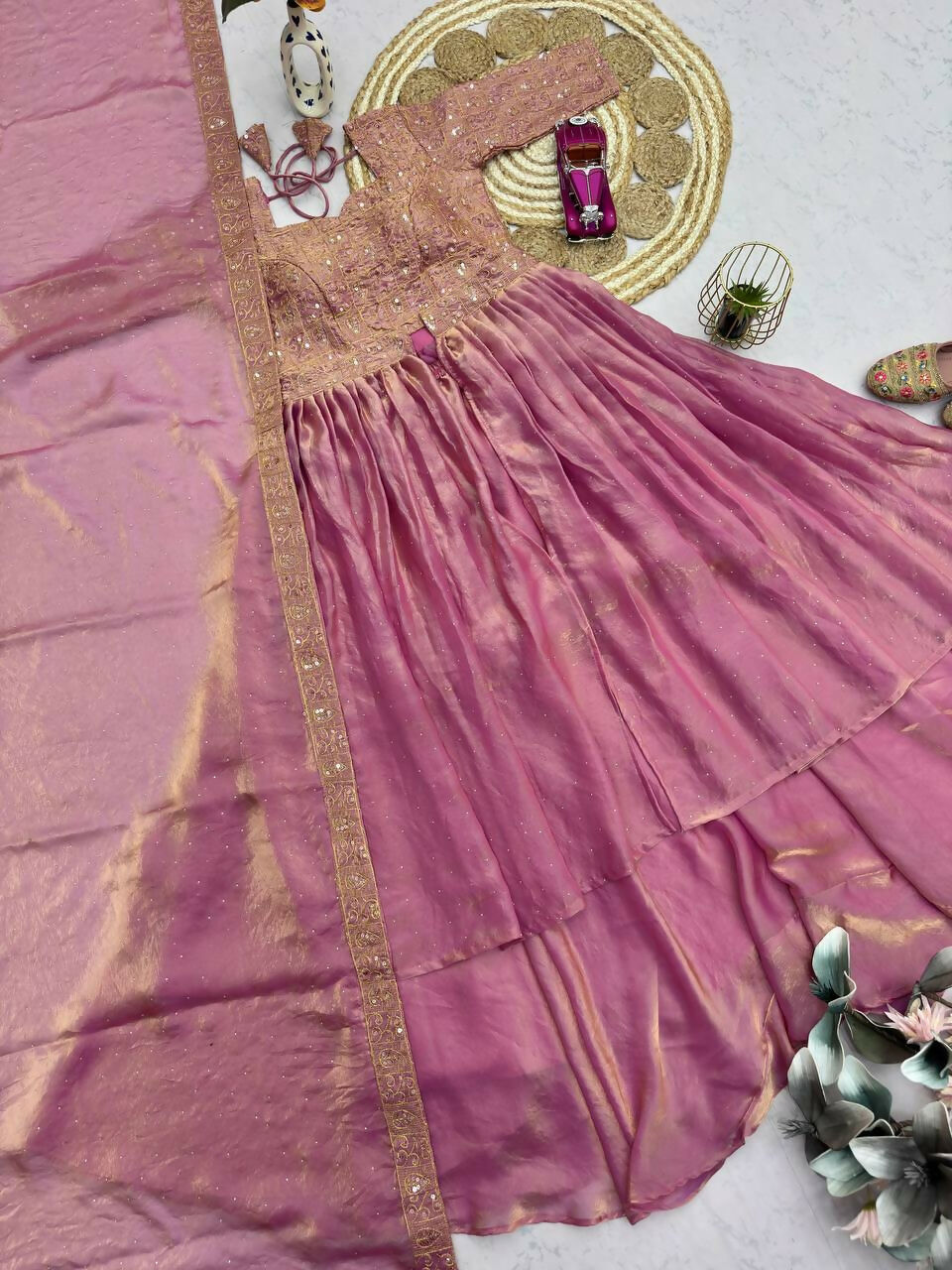 Teeya Creation Pink Color Fendy Satin Heavy Embroidery Work Wedding Wear Stitched Lehenga Choli | Grocsy