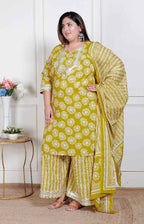 Miravan Plus Size Women'S Lime Yellow Embroidered Straight Kurta With Palazzo And Dupatta | Grocsy