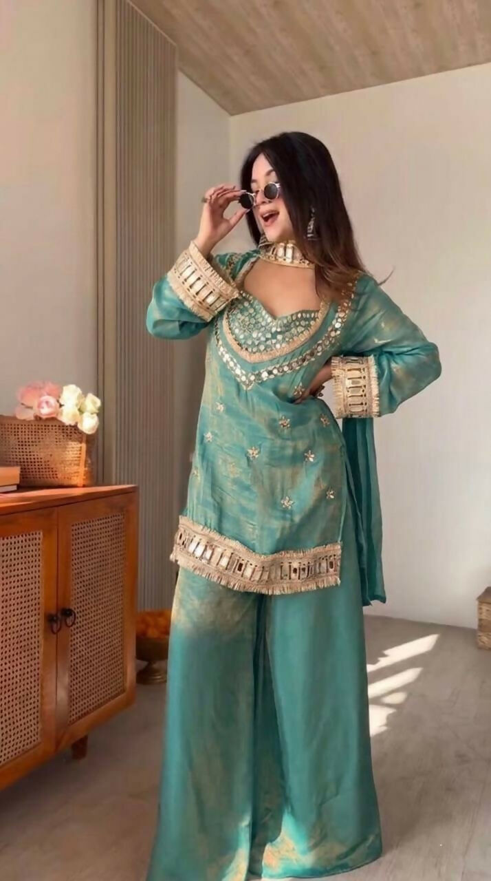 Teeya Creation New Trendy Stylish Real Mirror Work With Lace Border Teal Kurta Set | Grocsy