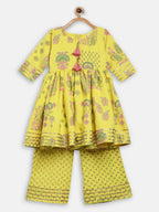 Ahalyaa Mustard Rayon Printed Kids Kurta Palazzo Sets For Kids For Girls | Grocsy