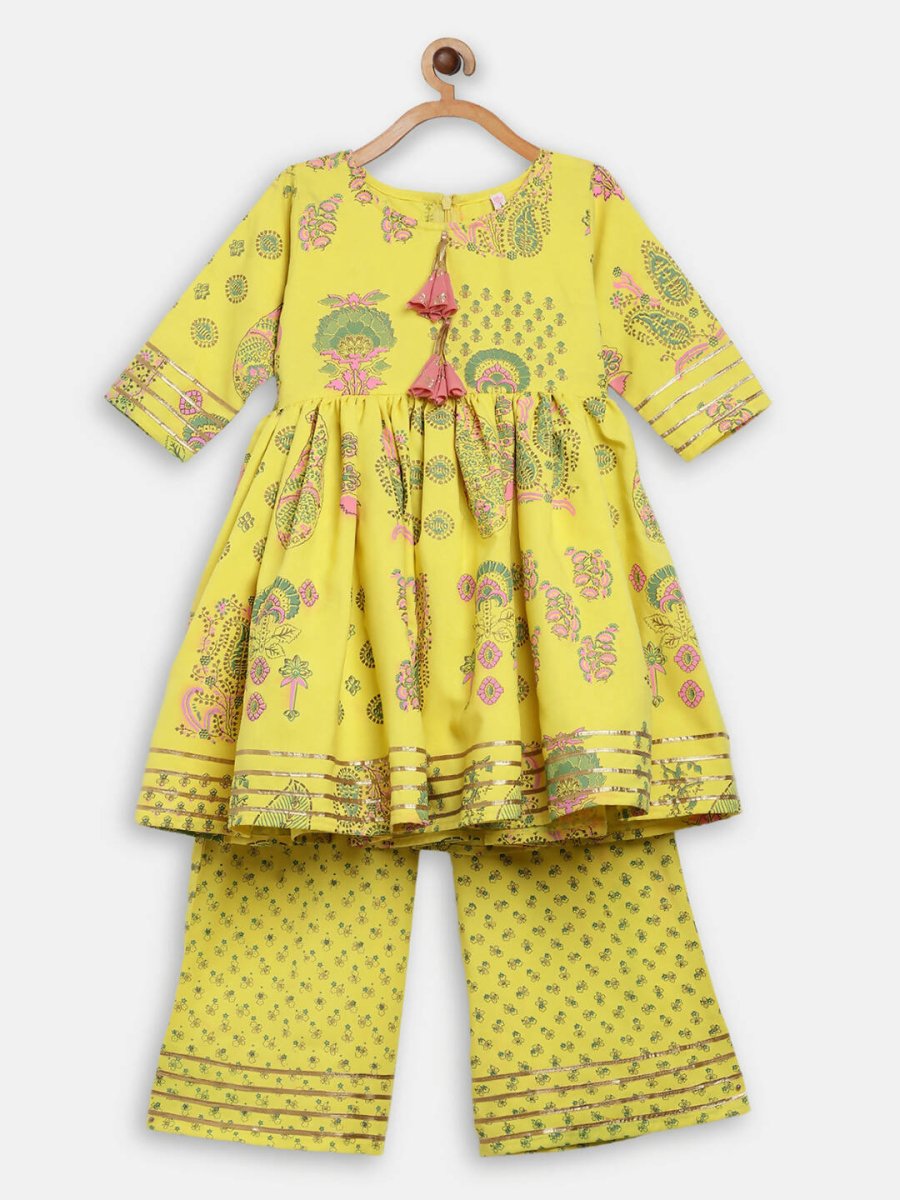 Ahalyaa Mustard Rayon Printed Kids Kurta Palazzo Sets For Kids For Girls | Grocsy