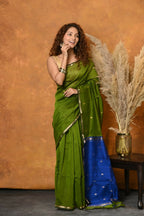 Very Much Indian Handloom Pure Cotton Silk Saree With Sleek Golden Border - Green | Grocsy
