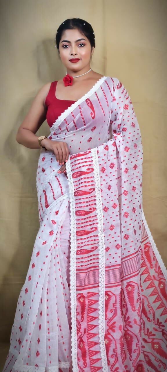 Exclusive Collection Beautiful White Red Jaal Jamdani Saree | Grocsy