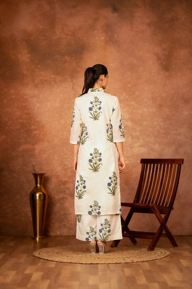 Joban Fashion Off White Blue Hand Block Printed Cotton Suit Set | Grocsy