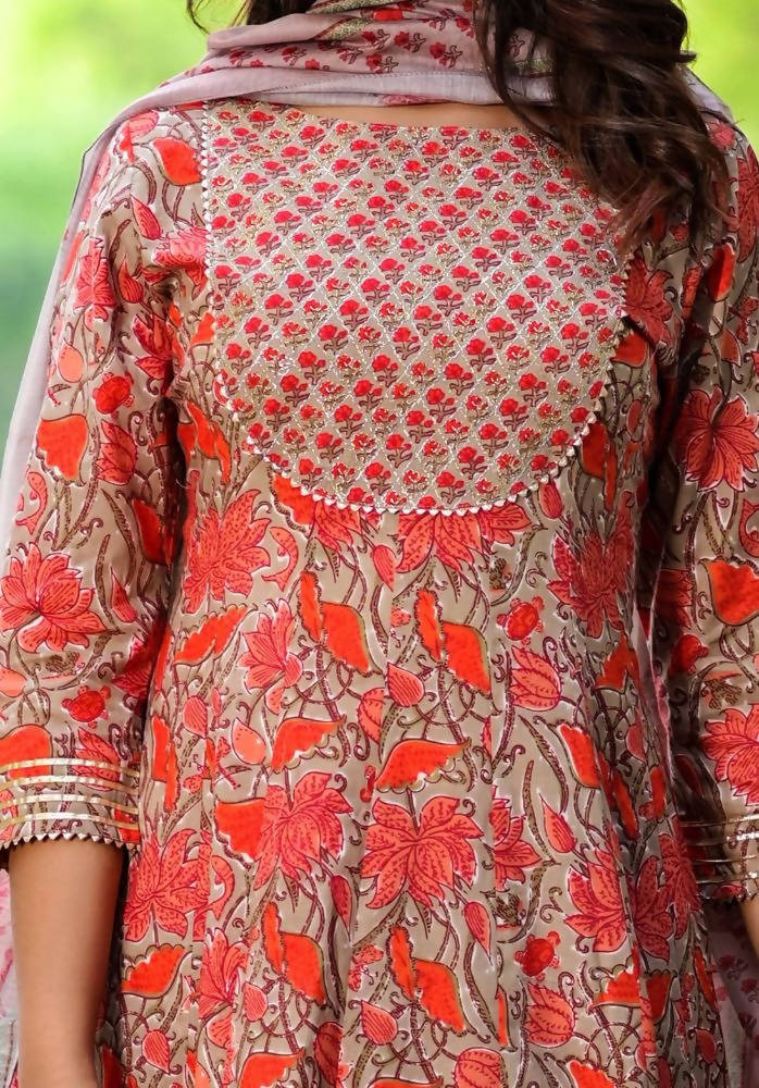 Yufta Women Red Floral Yoke Design Regular Aari Work Pure Cotton Kurta with Trouser & With Dupatta | Grocsy