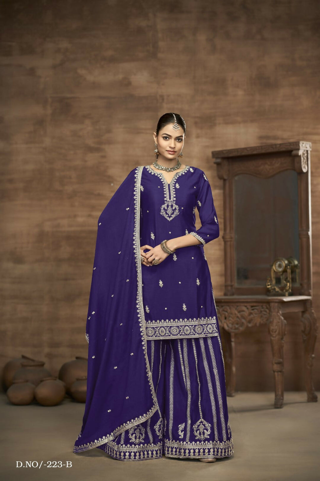Anaita Blue Chinon Silk Embroidered Stitched Sharara Suit | Grocsy