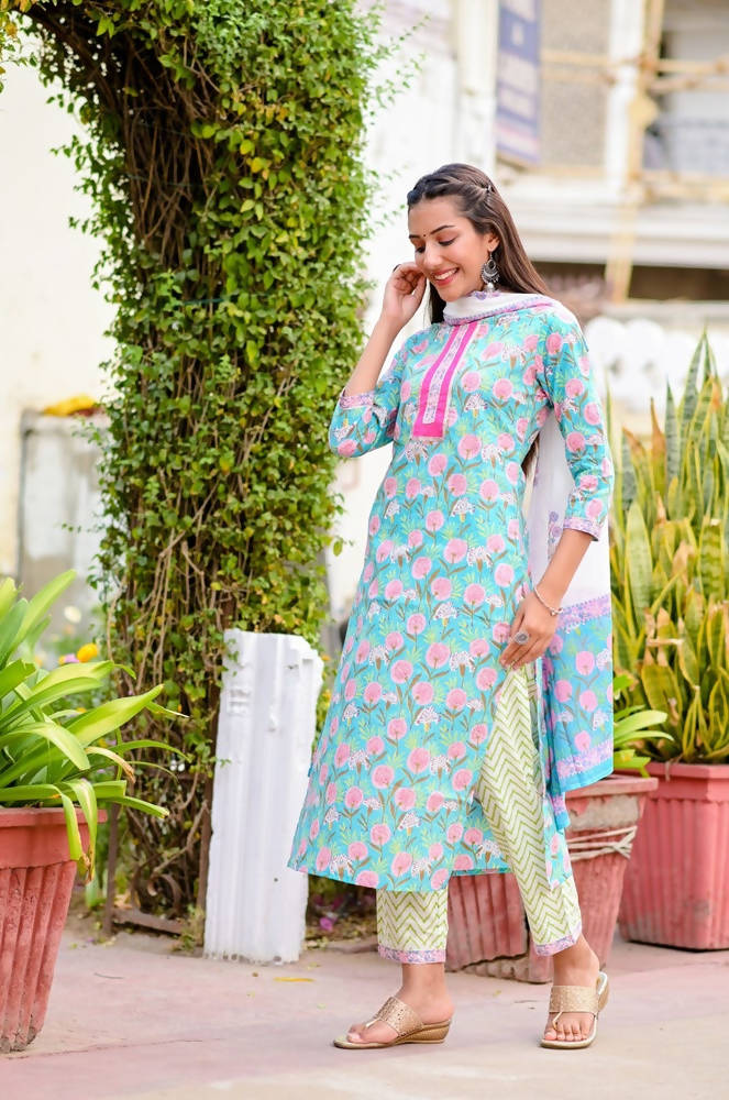 Yufta Women Blue & Off-White Printed Kurta with Trouser & Dupatta | Grocsy