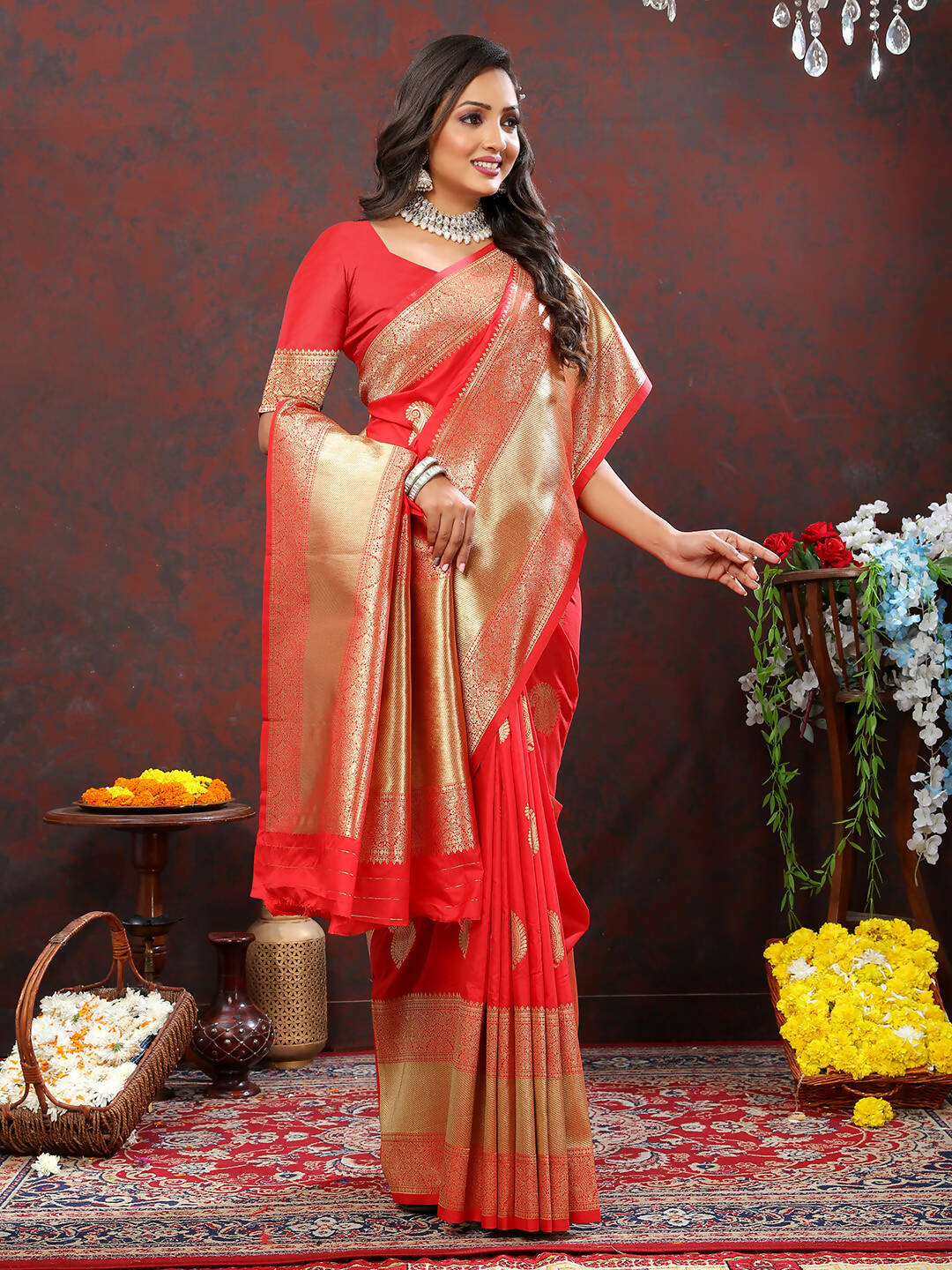 Lorenvalley Fashion Red Soft Silk Woven Design Gold Zari Weaving Saree | Grocsy