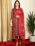 Jyoti Fashion Women's Red Pashmina Floral Digital Printed Kurta with Trouser & Dupatta | Grocsy