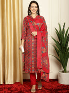 Jyoti Fashion Women's Red Pashmina Floral Digital Printed Kurta with Trouser & Dupatta | Grocsy