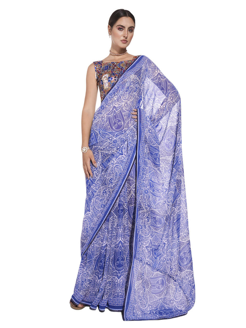 Blue Georgette Floral Printed Saree With Unstitched Blouse Piece - Rajal | Grocsy
