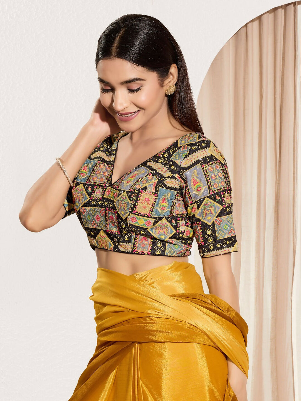 Joban Fashion Black Viscose Rayon Padded Blouse With V Neck Elbow Sleeves | Grocsy