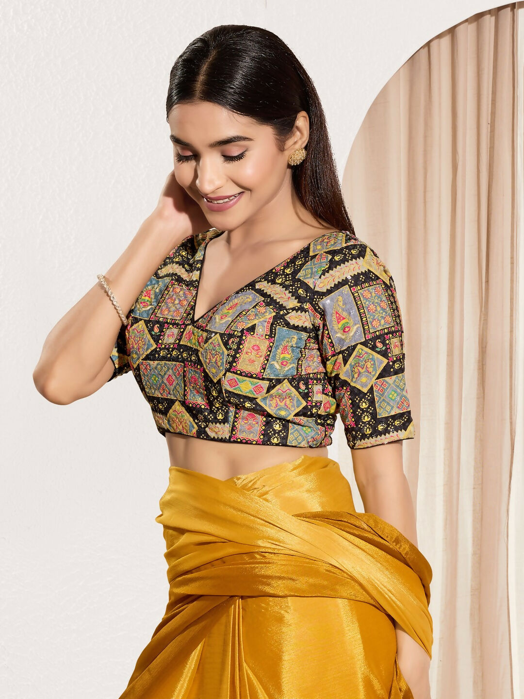 Joban Fashion Black Viscose Rayon Padded Blouse With V Neck Elbow Sleeves | Grocsy