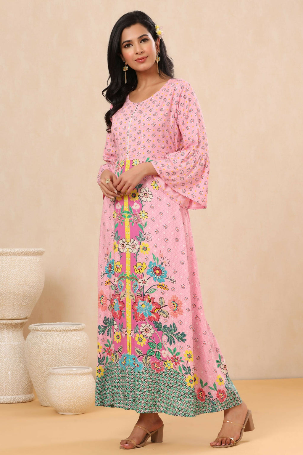 Juniper Pink Floral Printed Rayon Kurta With Buttons Closure At Back | Grocsy