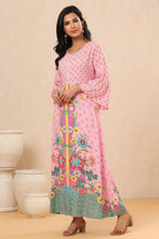 Juniper Pink Floral Printed Rayon Kurta With Buttons Closure At Back | Grocsy