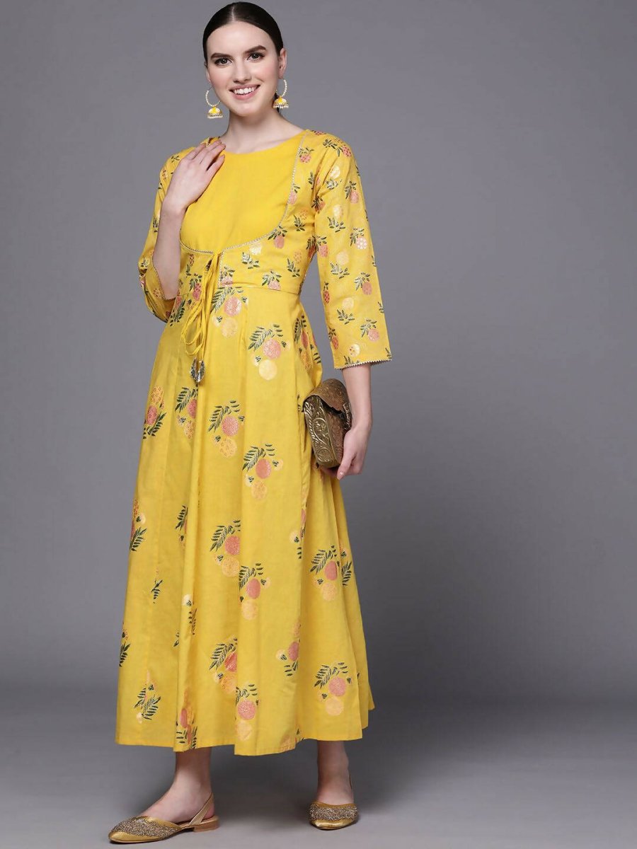 Ahalyaa Women Yellow Floral Fit & Flare Maxi Ethnic Dress | Grocsy
