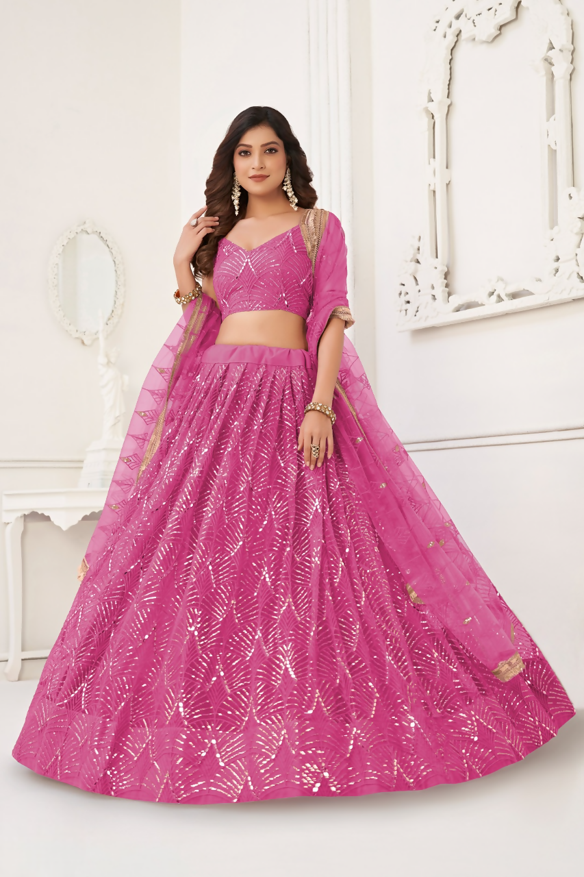 Eilara Pink Thread Sequin Embroidered Net Lehenga Set | Grocsy