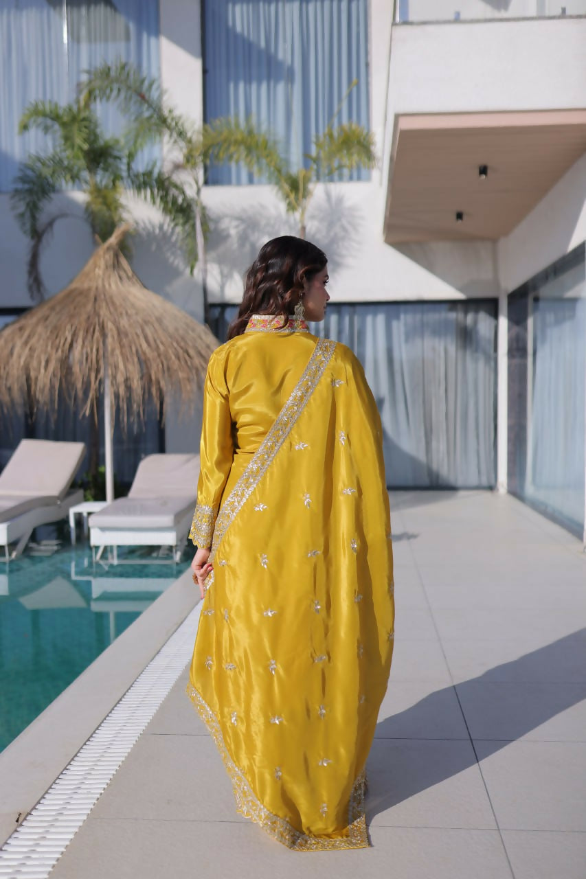 Teeya Creation Womens New Yellow Silk With Rich Zari Coding Embroidered Work Kurta Pant Set | Grocsy