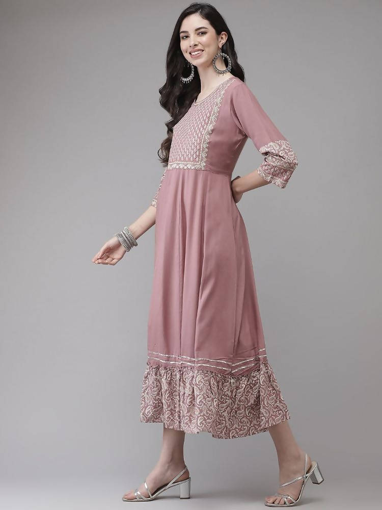 Yufta Pink Embroidered Ethnic Midi Dress | Grocsy