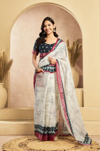 Vastranavya Digital Printed Linen Ready To Wear Pocket Saree with Unstitched Blouse | Grocsy
