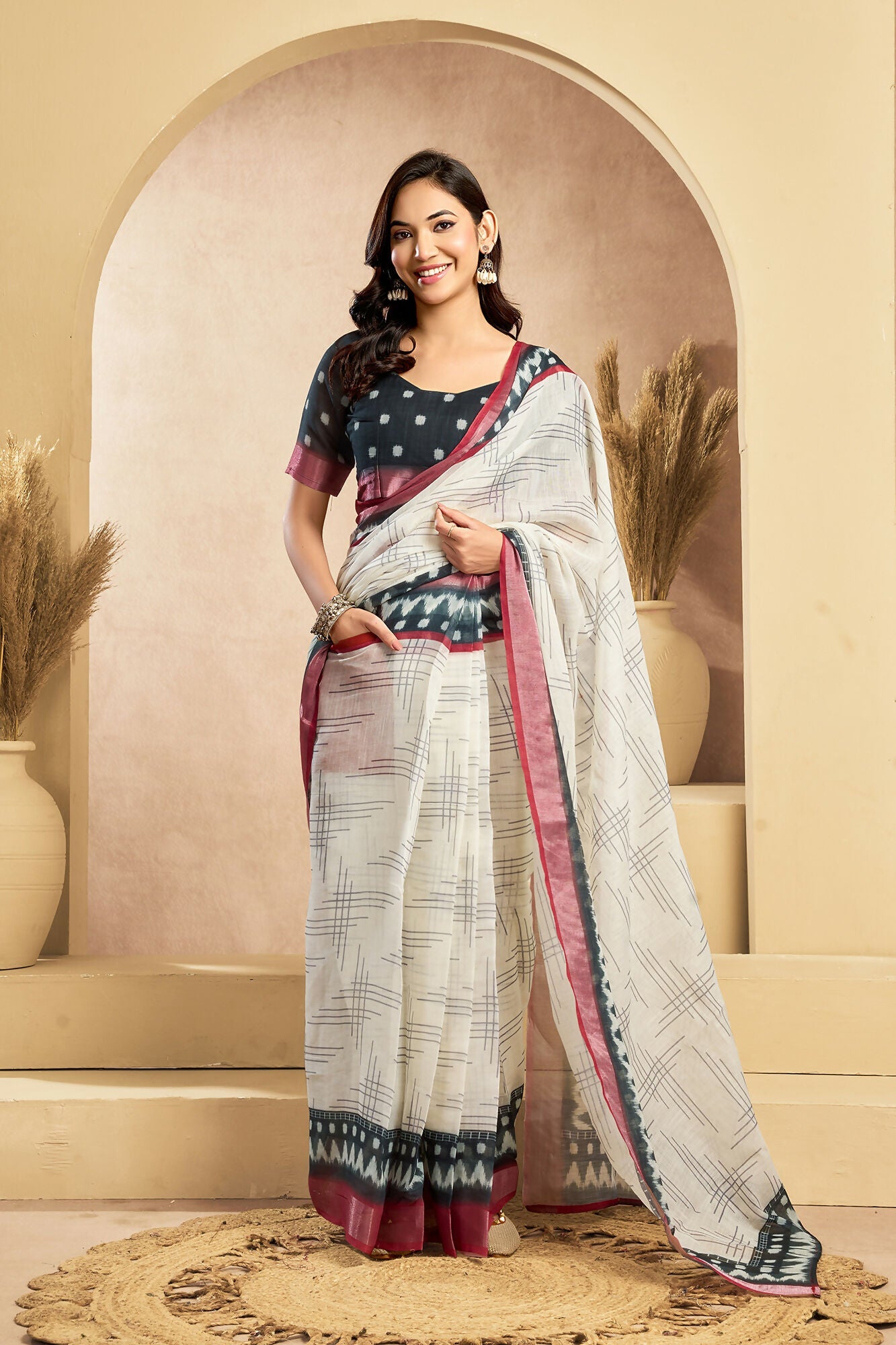 Vastranavya Digital Printed Linen Ready To Wear Pocket Saree with Unstitched Blouse | Grocsy