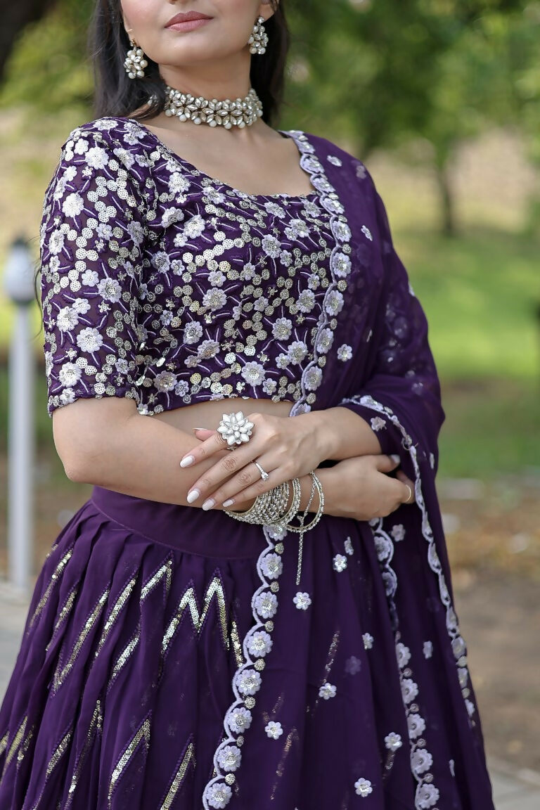 Vastranavya Faux Blooming With Sequins And Thread Embroidered Work Lehenga Choli With Dupatta - Purple | Grocsy