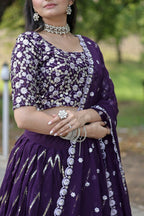 Vastranavya Faux Blooming With Sequins And Thread Embroidered Work Lehenga Choli With Dupatta - Purple | Grocsy