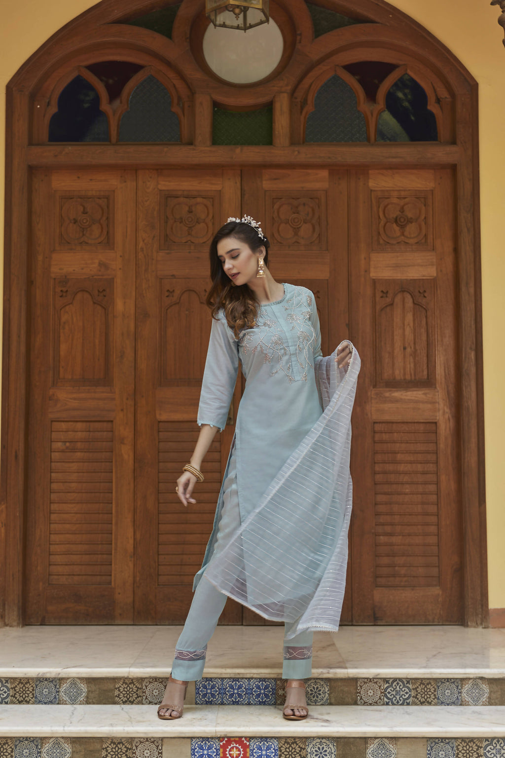 Sky Blue Chinon Embroidered Kurta and Bottom with Dupatta - Akashara | Grocsy