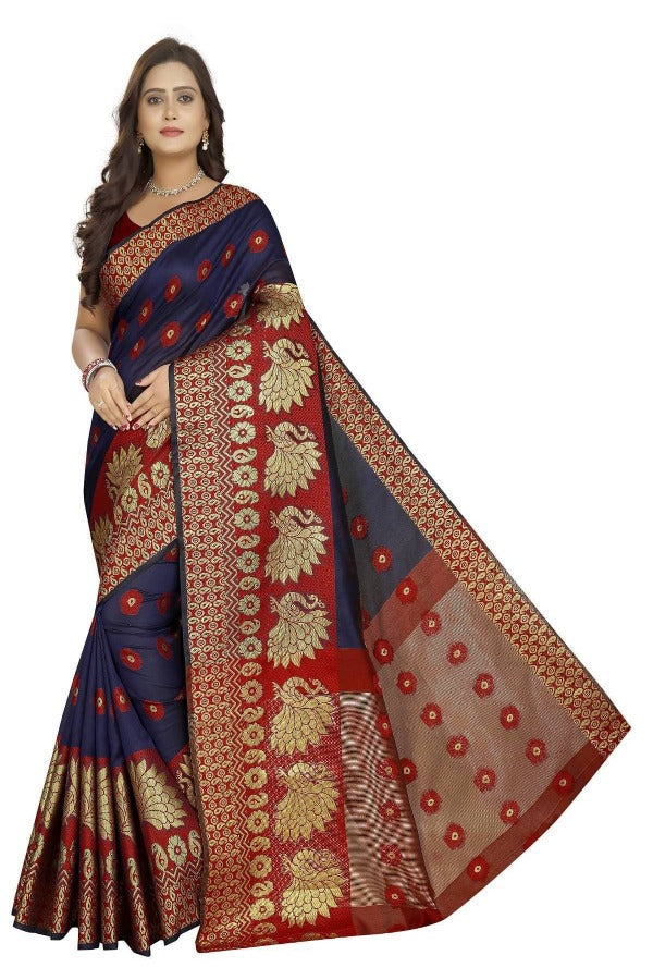 Vamika Banarasi Cotton Silk Navy Blue & Red Weaving Saree | Grocsy