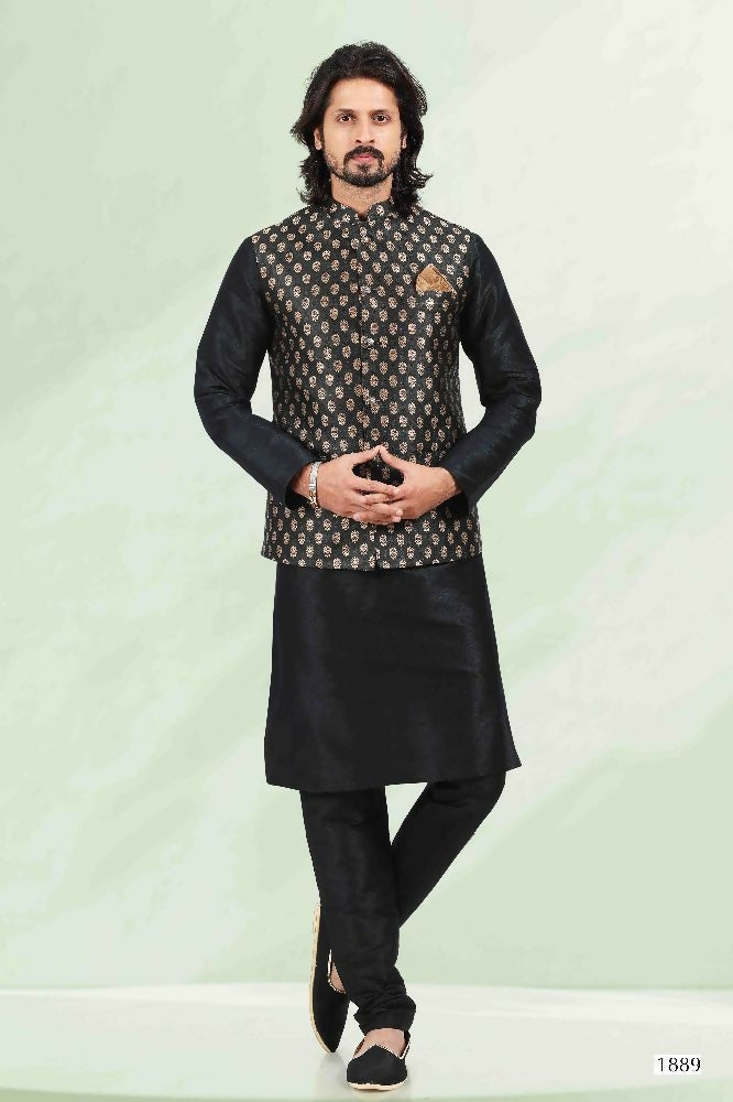 Raivat Ethnic Jacquard Banarasi Silk Woven Work 3 Pics Jacket Set In Black Colour | Grocsy
