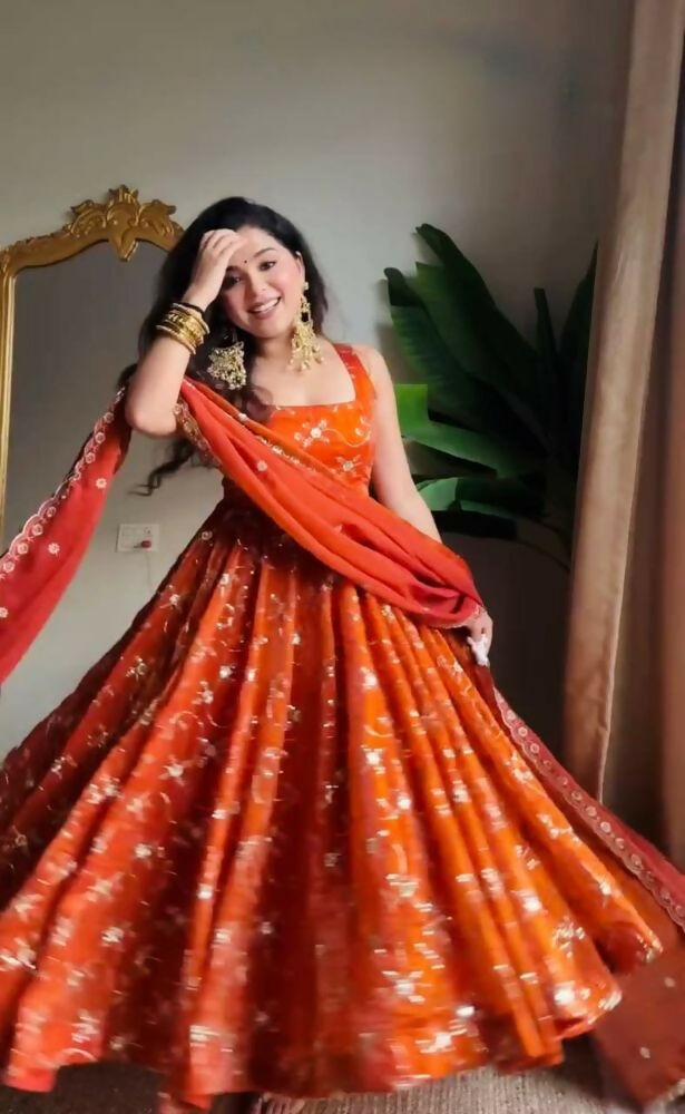 Teeya Creation Orange Color Fendy Silk Heavy Embroidery Work Wedding Wear Long Gown | Grocsy