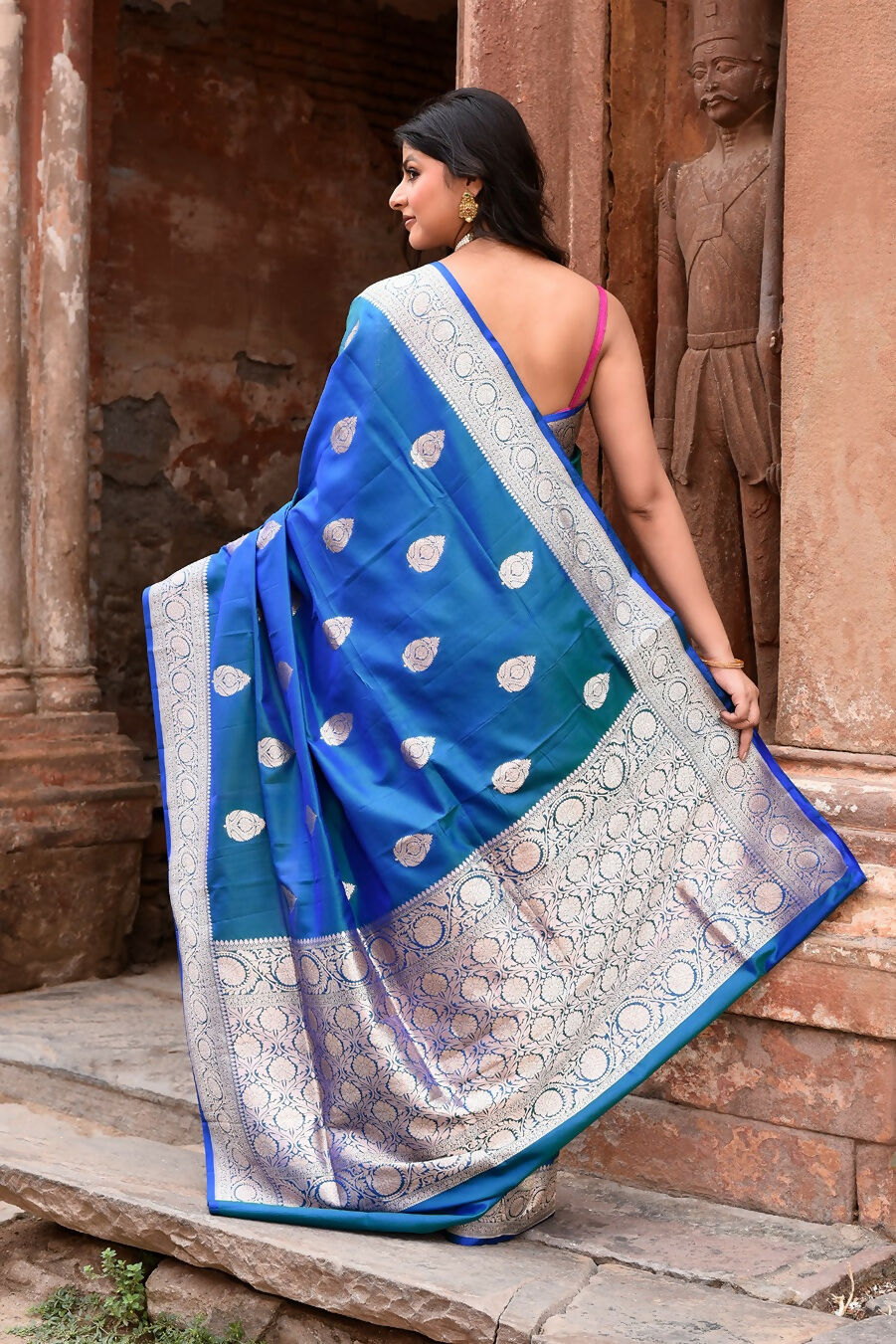 Joban Fashion Blue Banarasi Katan Pure Handloom Banarasi Silk Saree | Grocsy