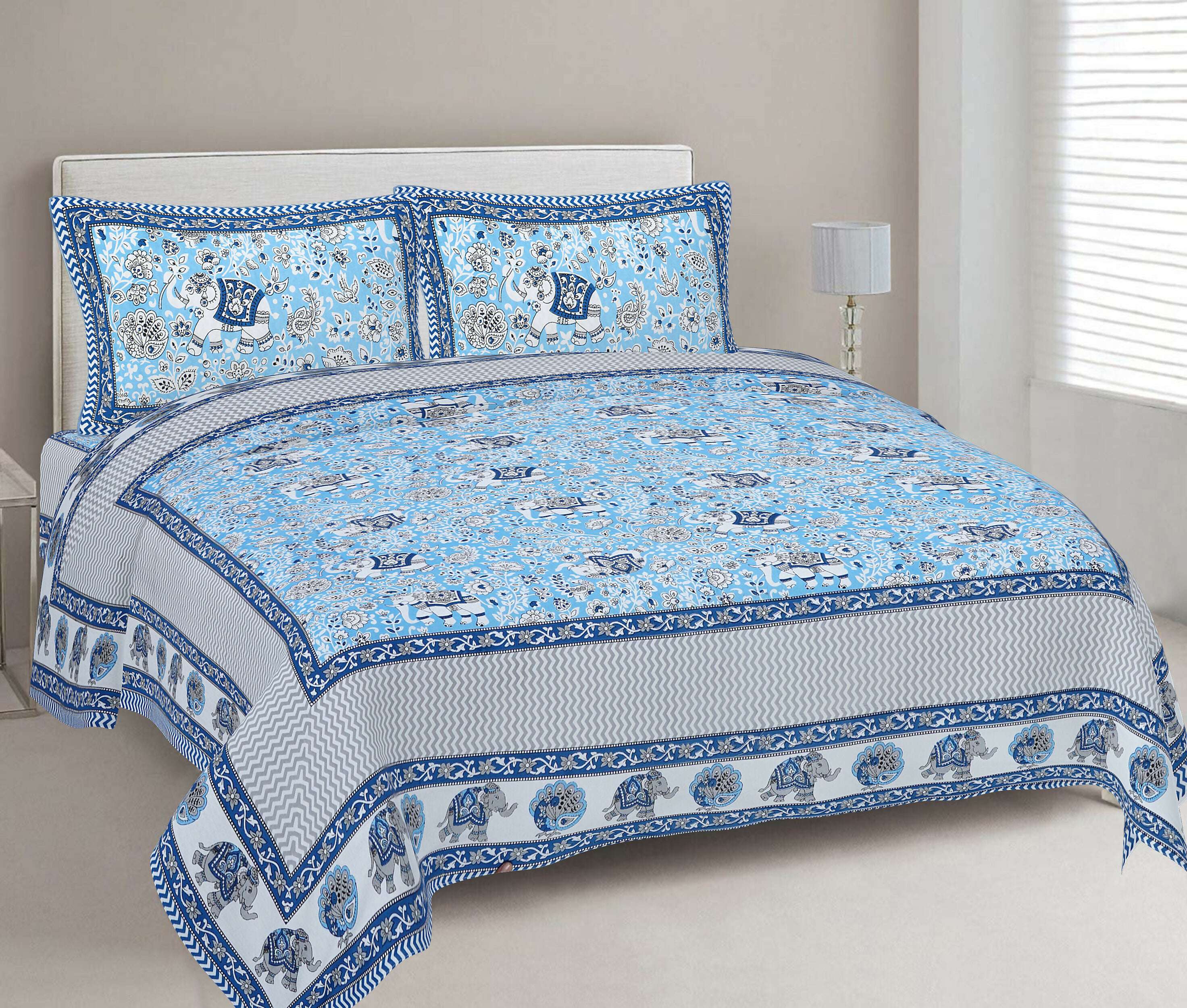 Rudra Bazaar Blue 210 TC Cotton Double King Bedsheet With 2 Pillow Covers | Grocsy