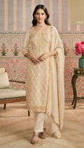 Anaita Beige Viscose Lotus Shimmer Stitched Suit with Jacquard Work | Grocsy