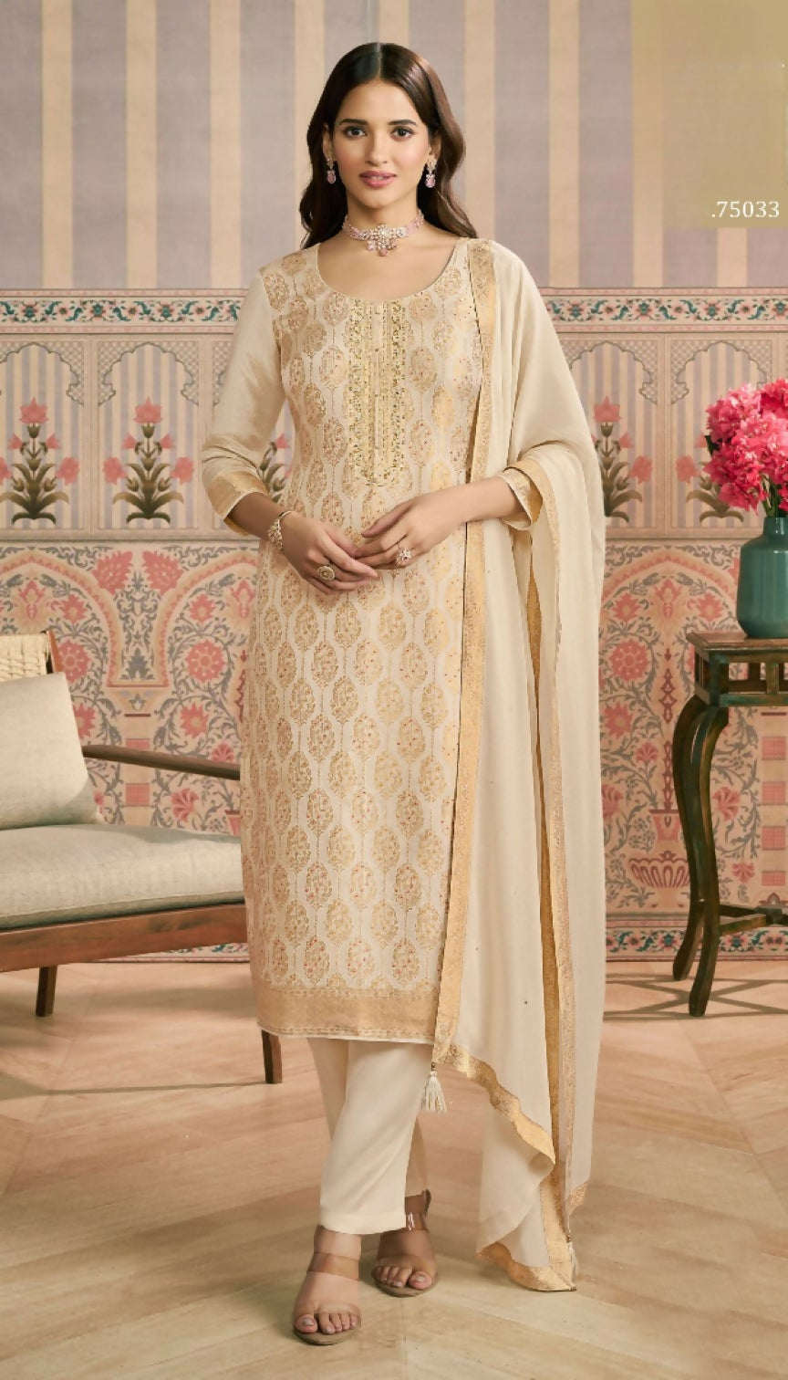 Anaita Beige Viscose Lotus Shimmer Stitched Suit with Jacquard Work | Grocsy